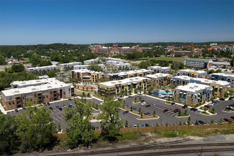 Birds eye view of apartment property