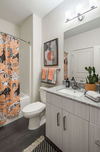 Apartment bathroom decorated with orange decor